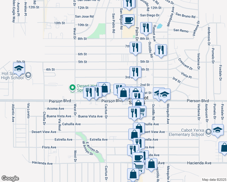 map of restaurants, bars, coffee shops, grocery stores, and more near 66291 2nd Street in Desert Hot Springs