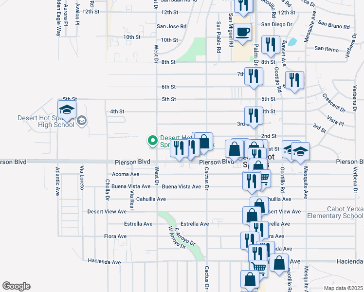 map of restaurants, bars, coffee shops, grocery stores, and more near 66115 2nd Street in Desert Hot Springs