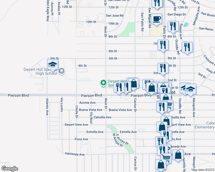 map of restaurants, bars, coffee shops, grocery stores, and more near in Desert Hot Springs