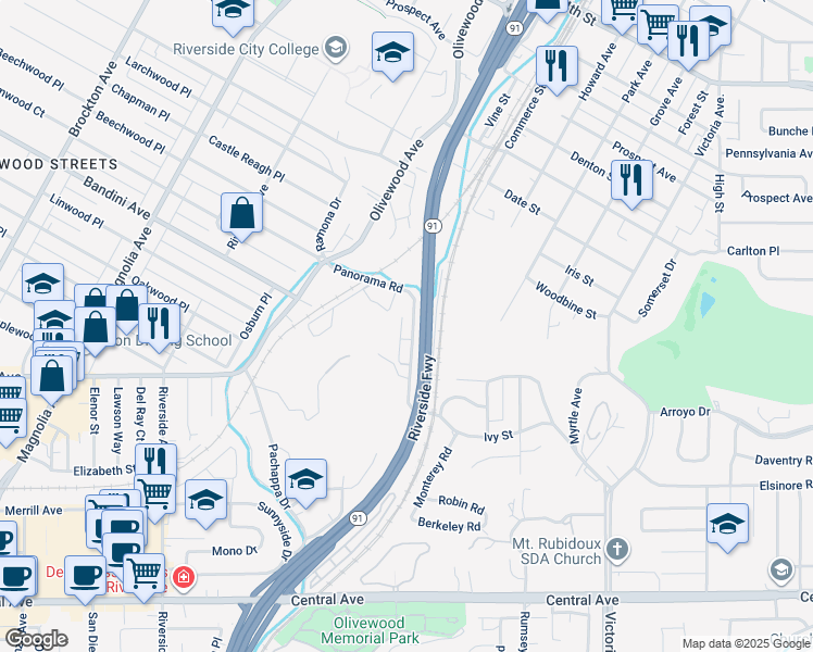 map of restaurants, bars, coffee shops, grocery stores, and more near 3120 Panorama Road in Riverside