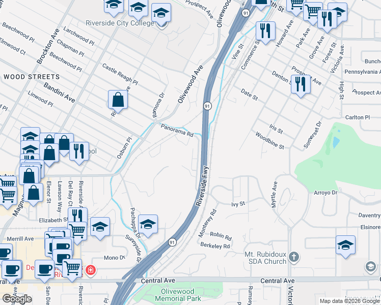 map of restaurants, bars, coffee shops, grocery stores, and more near 3120 Panorama Road in Riverside