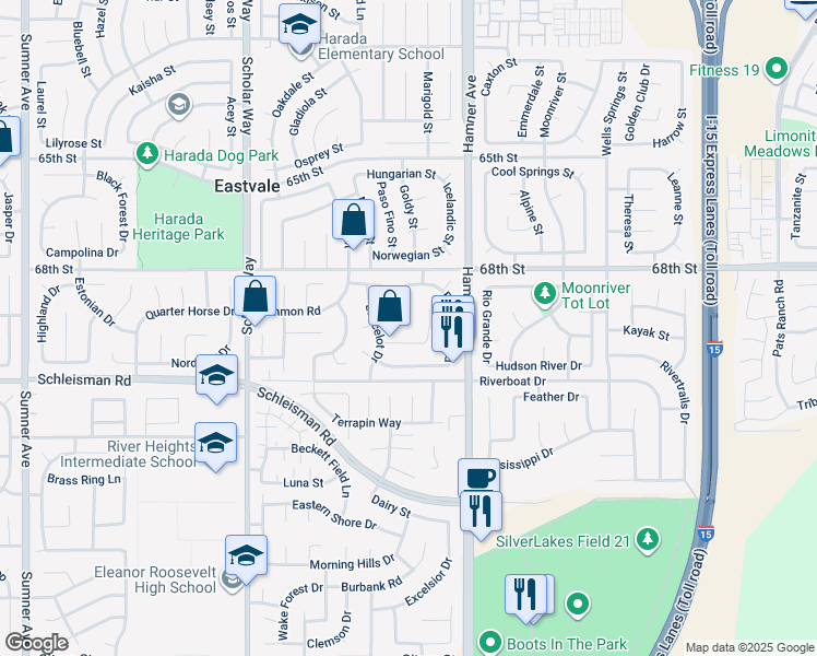 map of restaurants, bars, coffee shops, grocery stores, and more near 6870 Guinevere Court in Corona