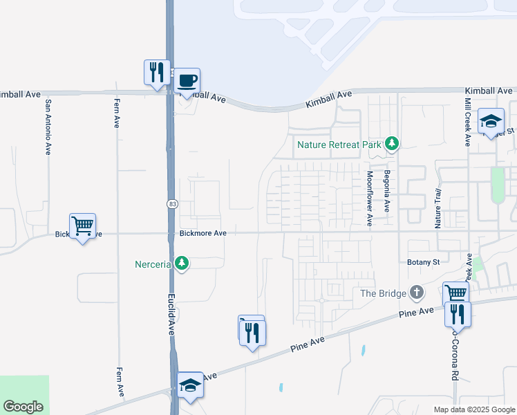 map of restaurants, bars, coffee shops, grocery stores, and more near 7110-7258 Bickmore Avenue in Chino