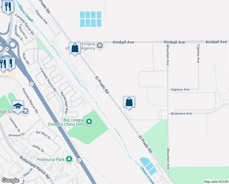 map of restaurants, bars, coffee shops, grocery stores, and more near 16043 El Prado Road in Chino