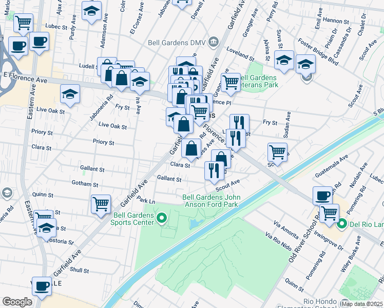 map of restaurants, bars, coffee shops, grocery stores, and more near 7565 Perry Road in Bell Gardens