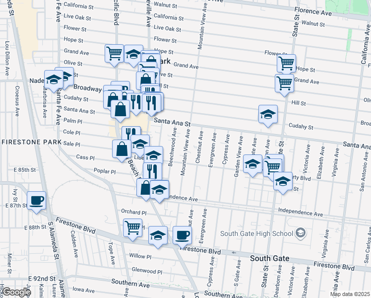 map of restaurants, bars, coffee shops, grocery stores, and more near 8147 Mountain View Avenue in South Gate
