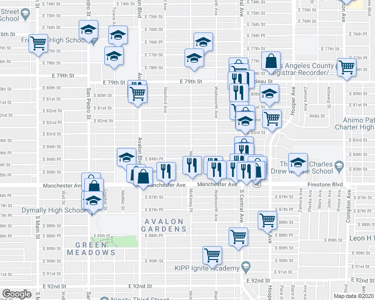 map of restaurants, bars, coffee shops, grocery stores, and more near 745 East 84th Street in Los Angeles