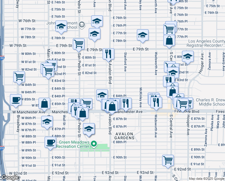 map of restaurants, bars, coffee shops, grocery stores, and more near 615 East 84th Street in Los Angeles