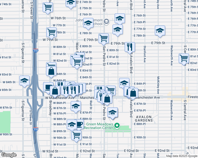 map of restaurants, bars, coffee shops, grocery stores, and more near 241 East 84th Street in Los Angeles