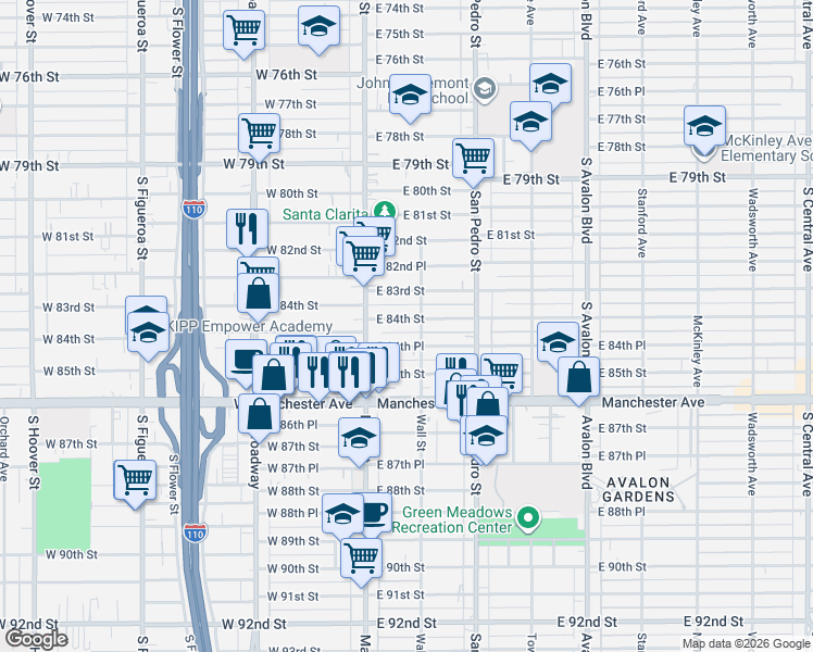 map of restaurants, bars, coffee shops, grocery stores, and more near 155 East 84th Street in Los Angeles