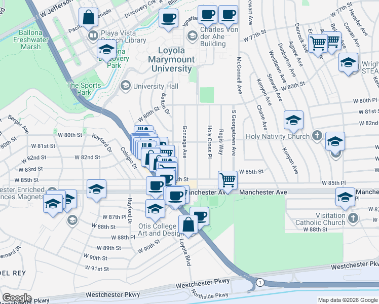 map of restaurants, bars, coffee shops, grocery stores, and more near 8306 Gonzaga Avenue in Los Angeles