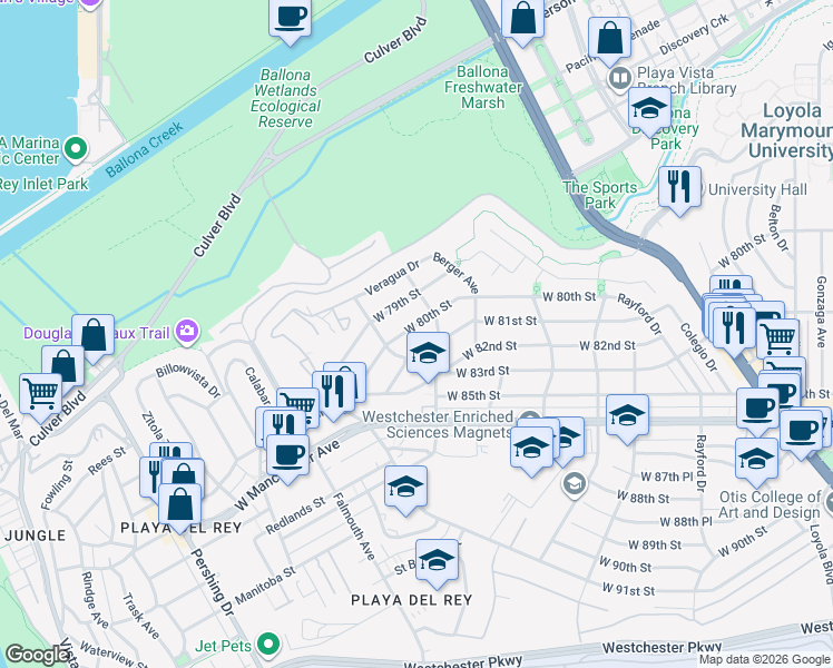map of restaurants, bars, coffee shops, grocery stores, and more near 7831 West 80th Street in Los Angeles