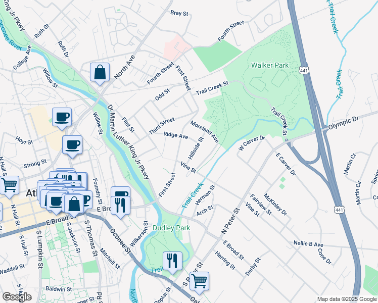 map of restaurants, bars, coffee shops, grocery stores, and more near 235 Ridge Avenue in Athens