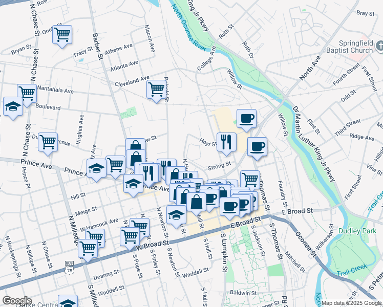 map of restaurants, bars, coffee shops, grocery stores, and more near 105 Hickman Drive in Athens