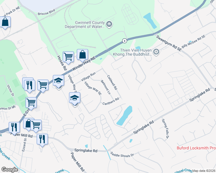 map of restaurants, bars, coffee shops, grocery stores, and more near 148 Belmont Lane in Lawrenceville