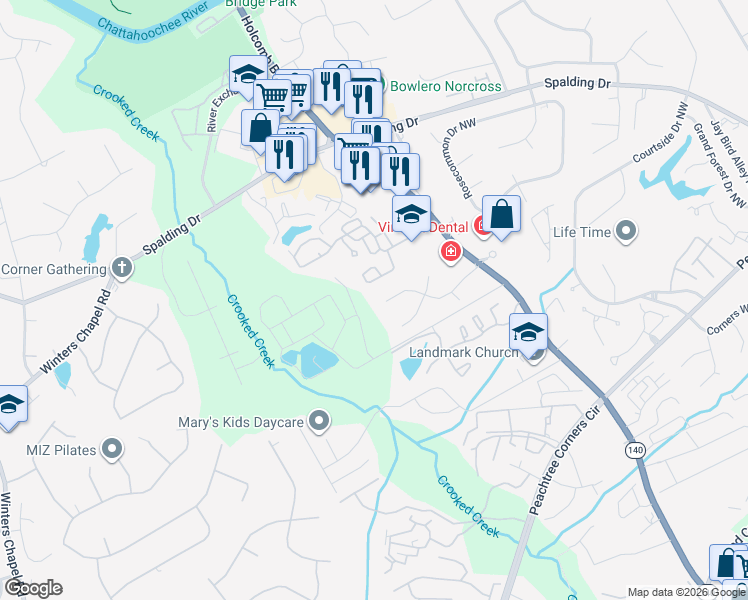 map of restaurants, bars, coffee shops, grocery stores, and more near 6439 Baker Court in Norcross
