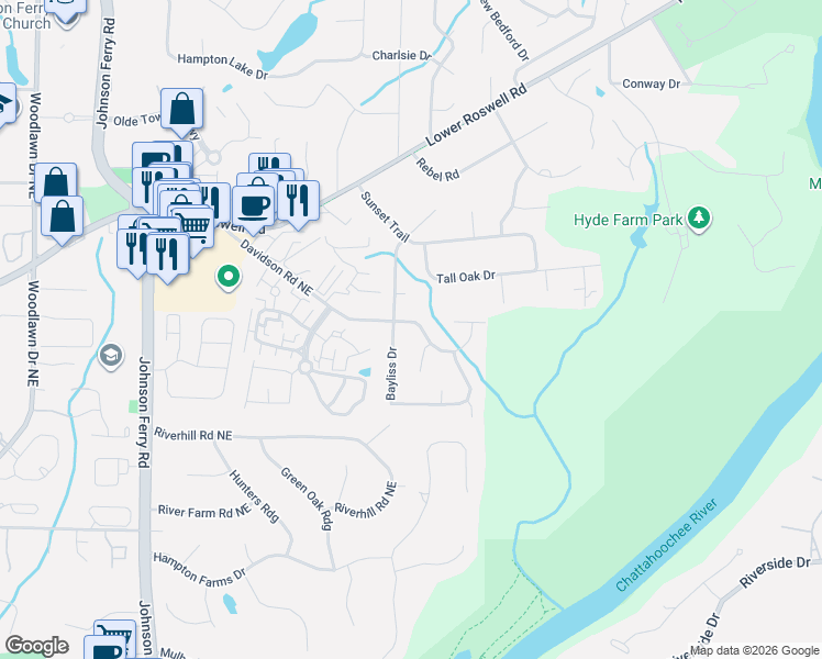 map of restaurants, bars, coffee shops, grocery stores, and more near 5123 Davidson Road Northeast in Marietta