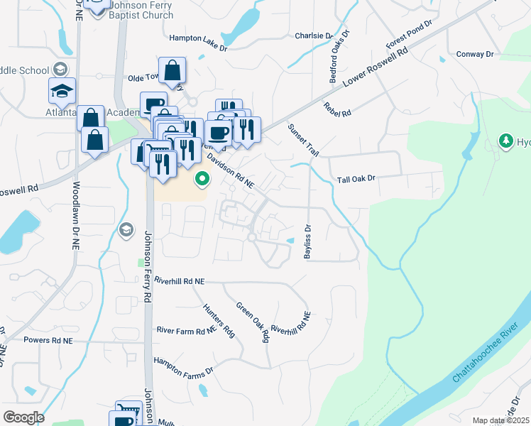 map of restaurants, bars, coffee shops, grocery stores, and more near 610 Serramonte Drive in Marietta