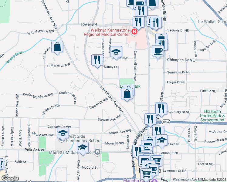 map of restaurants, bars, coffee shops, grocery stores, and more near 471 Sessions Street Northwest in Marietta