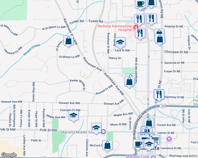 map of restaurants, bars, coffee shops, grocery stores, and more near 388 Talcott Circle Northwest in Marietta