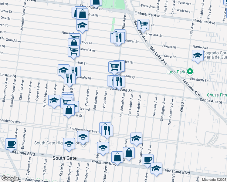 map of restaurants, bars, coffee shops, grocery stores, and more near 8107 California Avenue in South Gate