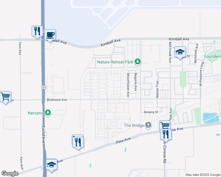 map of restaurants, bars, coffee shops, grocery stores, and more near 16022 Voyager Avenue in Chino