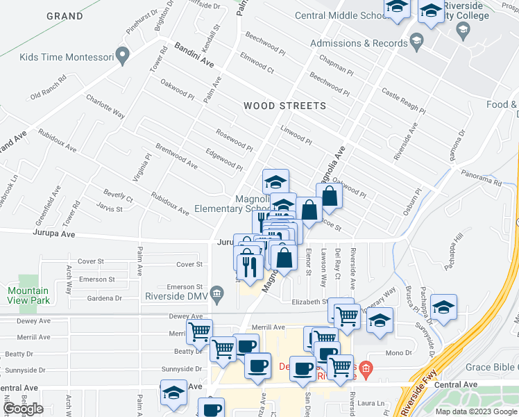 map of restaurants, bars, coffee shops, grocery stores, and more near 4023 Maplewood Place in Riverside