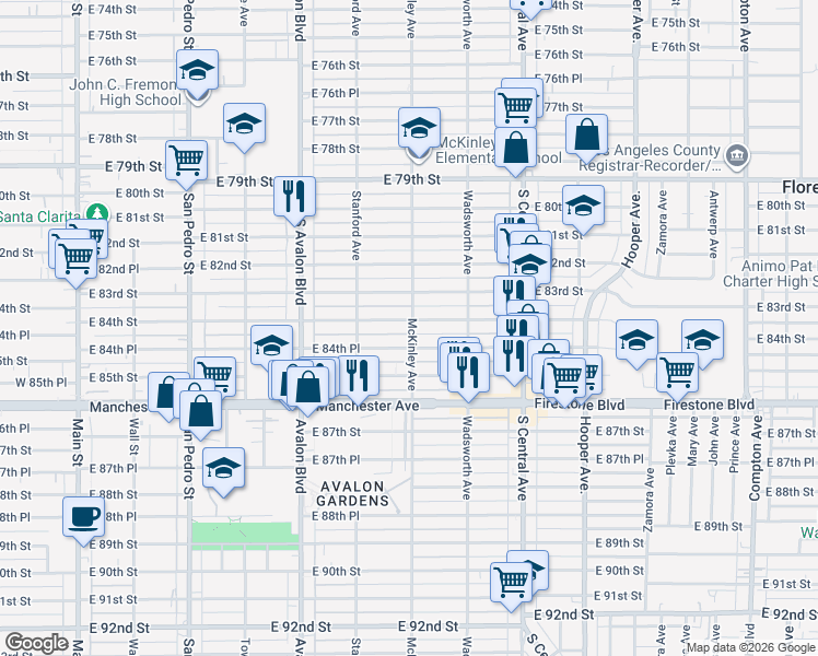 map of restaurants, bars, coffee shops, grocery stores, and more near 8405 McKinley Avenue in Los Angeles