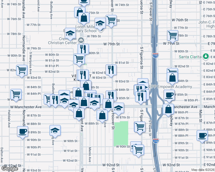 map of restaurants, bars, coffee shops, grocery stores, and more near 836 West 83rd Street in Los Angeles