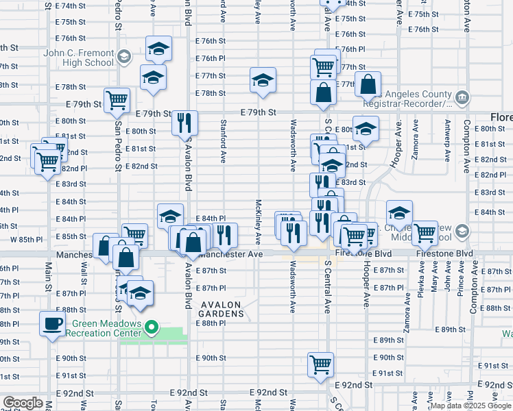 map of restaurants, bars, coffee shops, grocery stores, and more near 8405 McKinley Avenue in Los Angeles