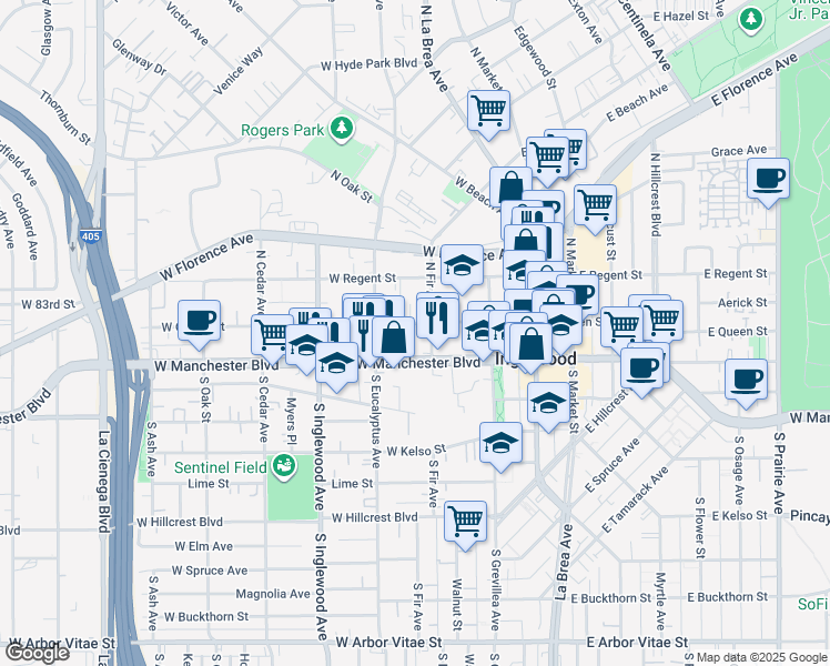 map of restaurants, bars, coffee shops, grocery stores, and more near 200 West Queen Street in Inglewood