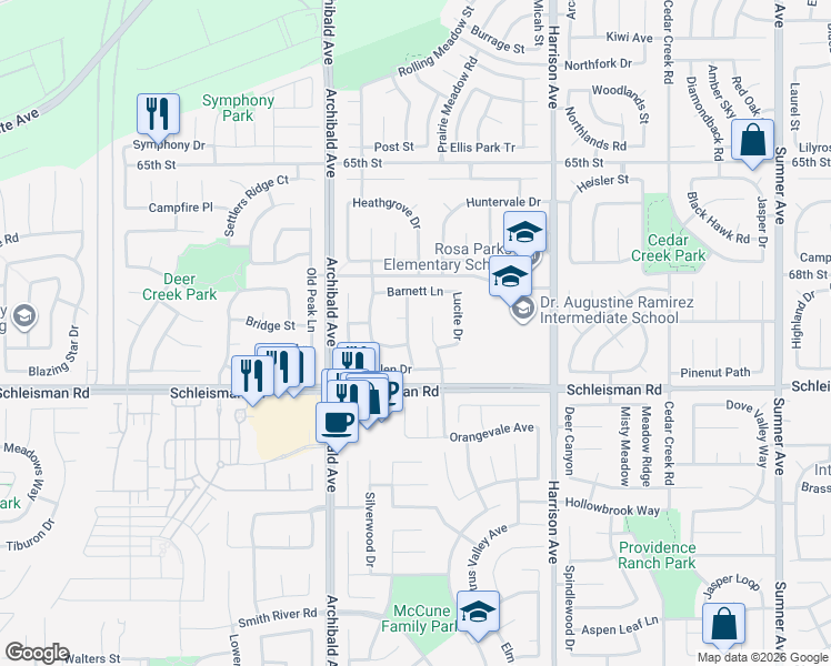 map of restaurants, bars, coffee shops, grocery stores, and more near 6870 Tourmaline Drive in Eastvale