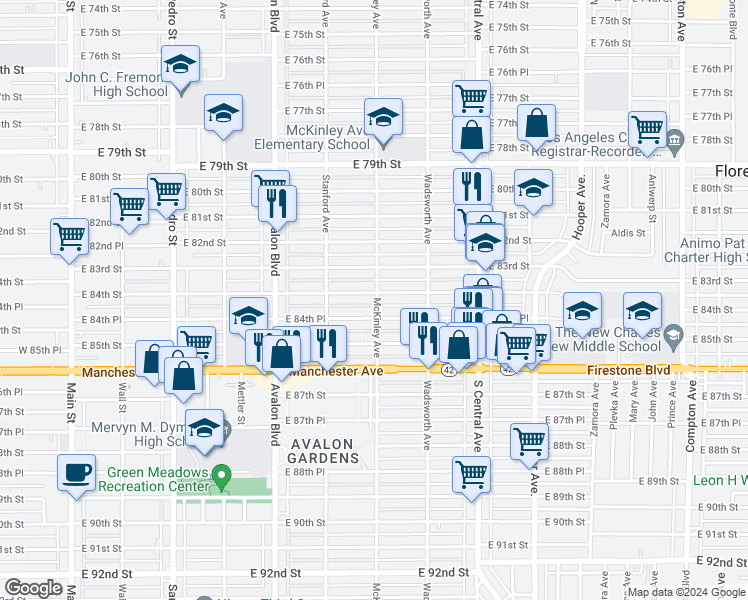 map of restaurants, bars, coffee shops, grocery stores, and more near 8405 McKinley Avenue in Los Angeles