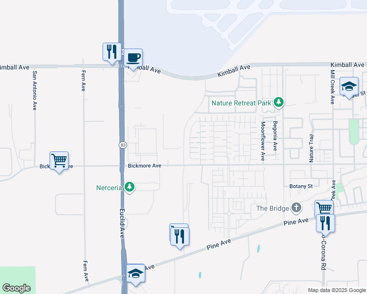 map of restaurants, bars, coffee shops, grocery stores, and more near 15865 Quality Way in Chino