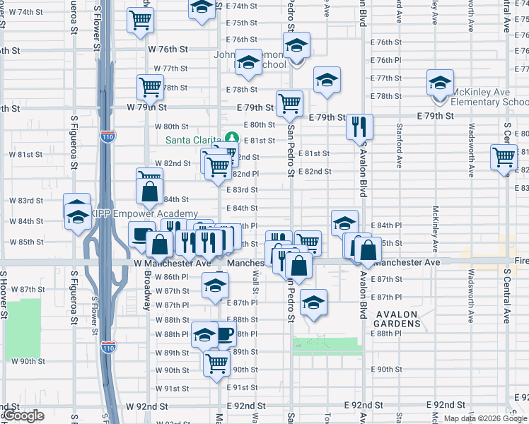 map of restaurants, bars, coffee shops, grocery stores, and more near 218 East 84th Street in Los Angeles