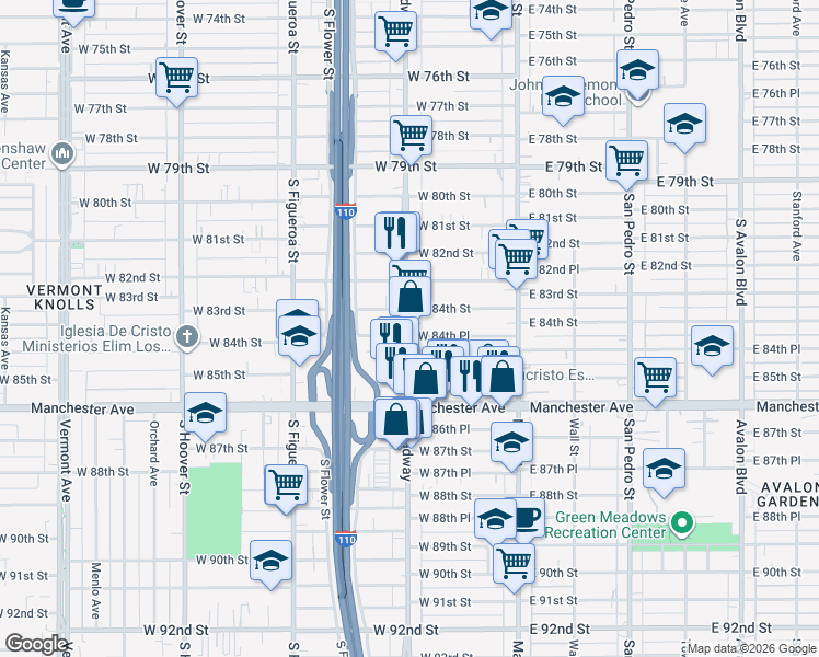 map of restaurants, bars, coffee shops, grocery stores, and more near 8422 South Broadway Street in Los Angeles