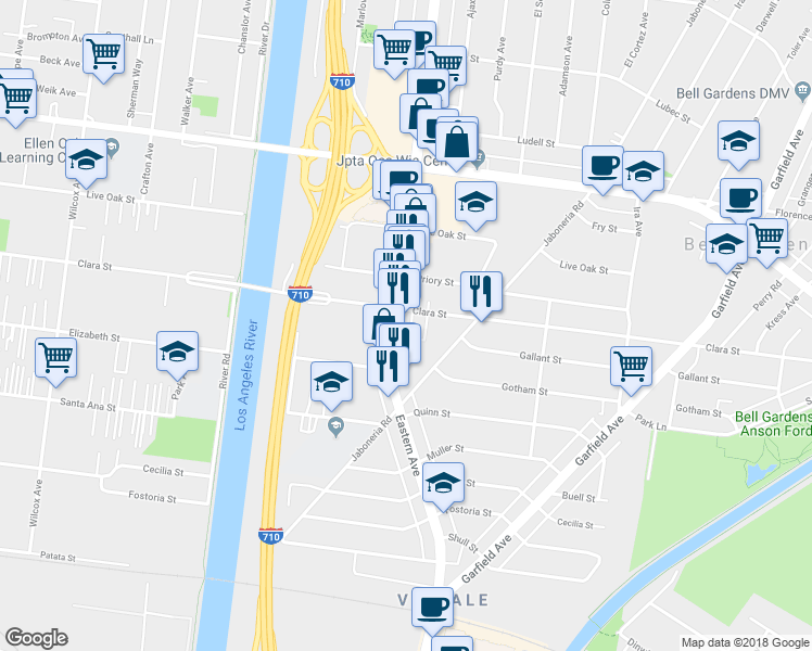 map of restaurants, bars, coffee shops, grocery stores, and more near 7716 Eastern Avenue in Bell Gardens