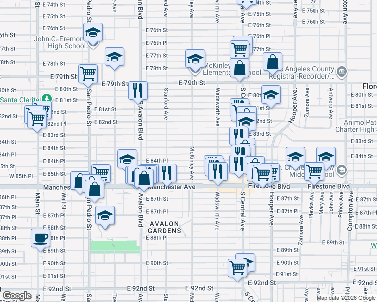 map of restaurants, bars, coffee shops, grocery stores, and more near 754 East 84th Street in Los Angeles