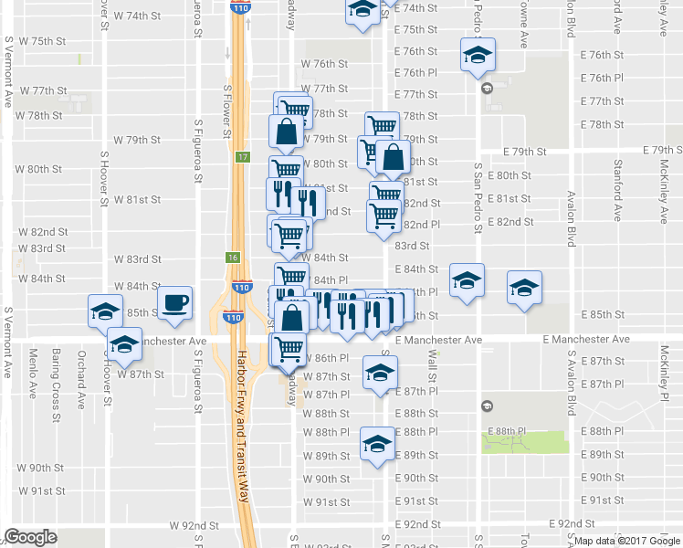 map of restaurants, bars, coffee shops, grocery stores, and more near 161 West 84th Street in Los Angeles