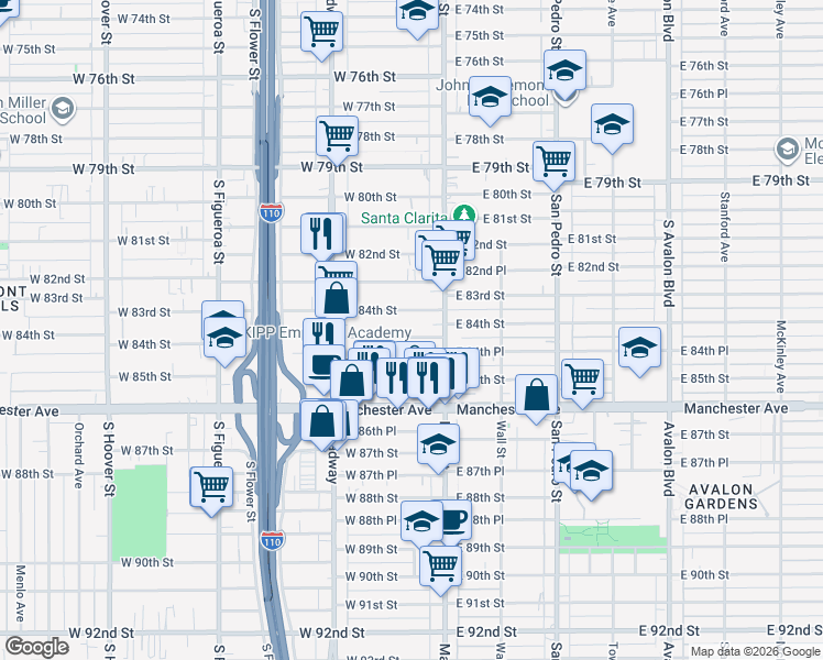 map of restaurants, bars, coffee shops, grocery stores, and more near 137 West 84th Place in Los Angeles