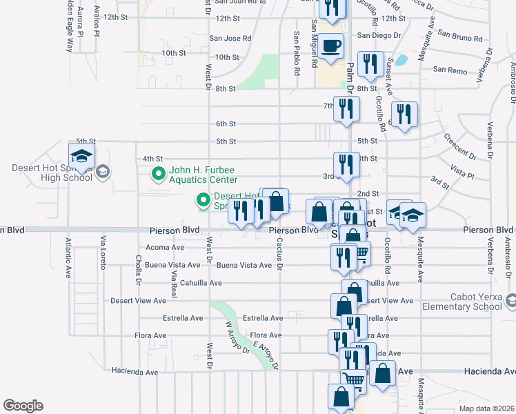 map of restaurants, bars, coffee shops, grocery stores, and more near 66199 2nd Street in Desert Hot Springs