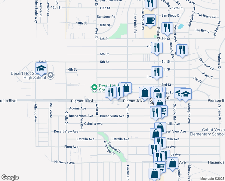 map of restaurants, bars, coffee shops, grocery stores, and more near 66115 2nd Street in Desert Hot Springs