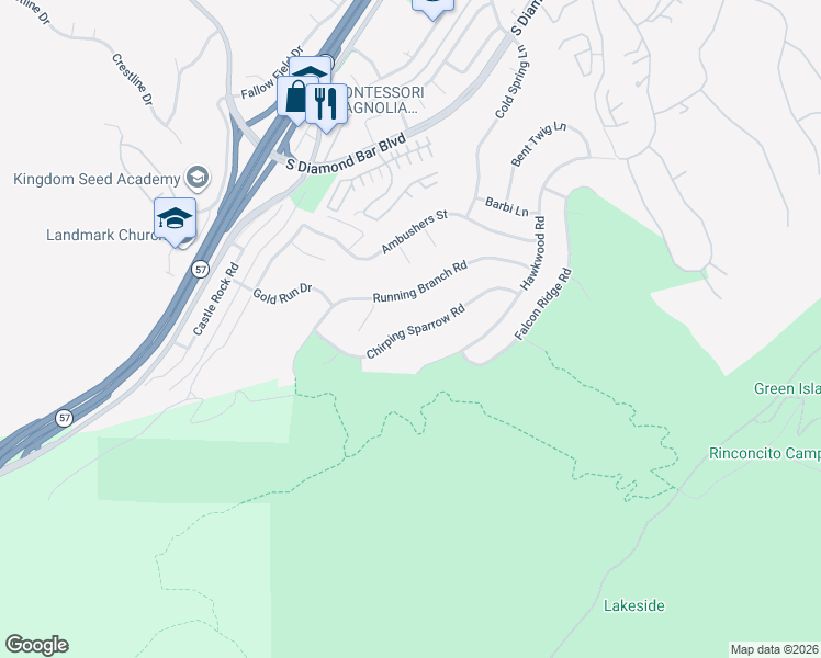 map of restaurants, bars, coffee shops, grocery stores, and more near 21307 Chirping Sparrow Road in Diamond Bar