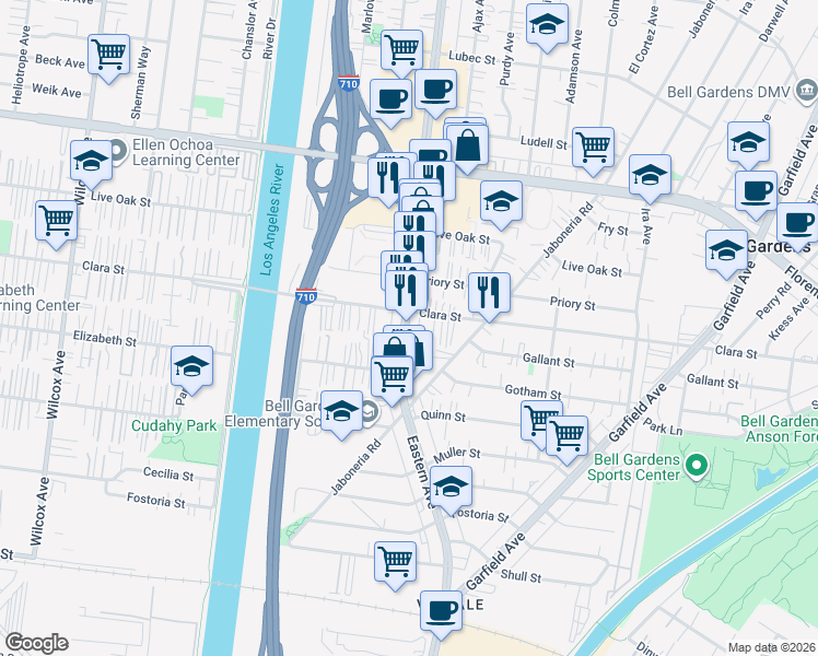 map of restaurants, bars, coffee shops, grocery stores, and more near 7716 Eastern Avenue in Bell Gardens
