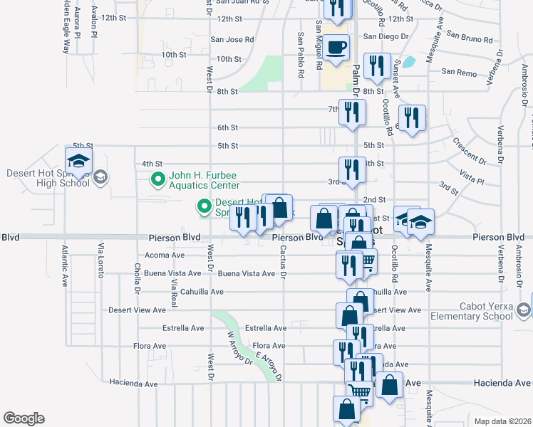 map of restaurants, bars, coffee shops, grocery stores, and more near 66194 First Street in Desert Hot Springs
