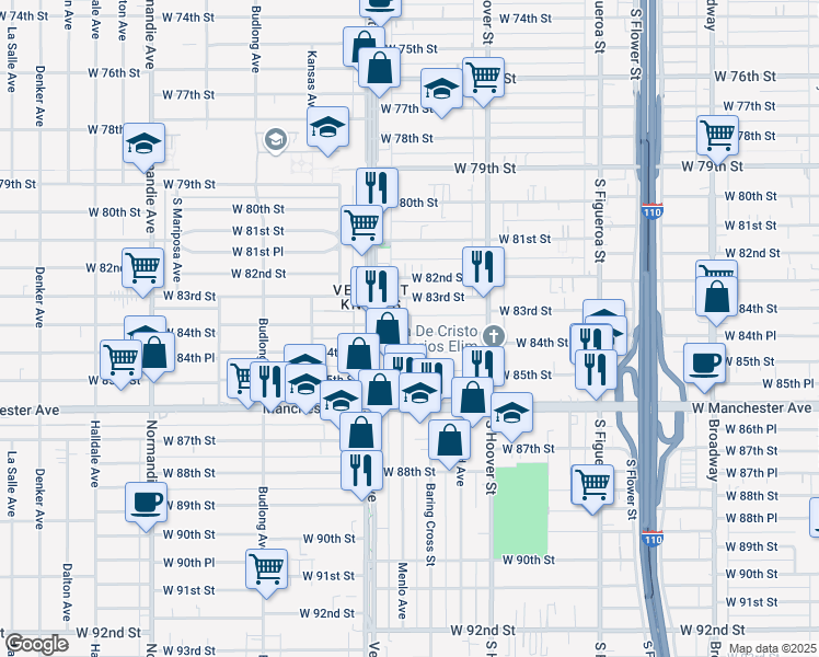 map of restaurants, bars, coffee shops, grocery stores, and more near 927 West 84th Street in Los Angeles