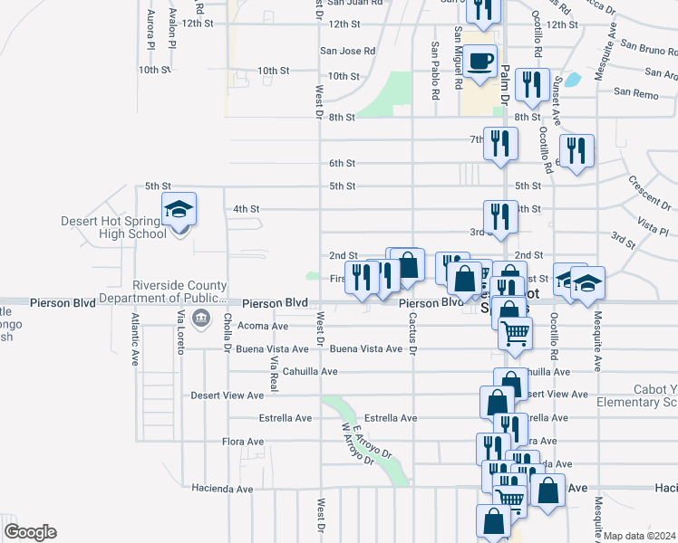 map of restaurants, bars, coffee shops, grocery stores, and more near 66054 First Street in Desert Hot Springs