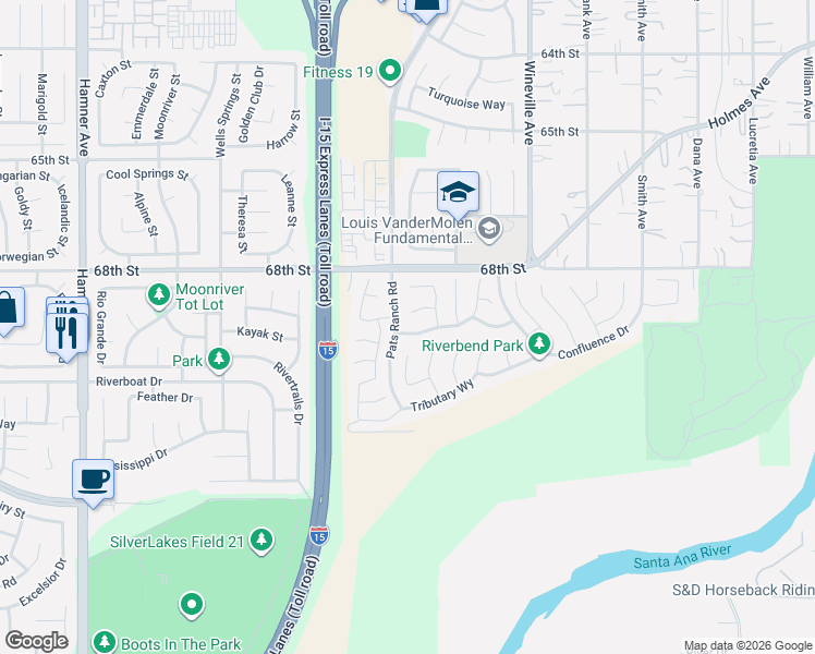 map of restaurants, bars, coffee shops, grocery stores, and more near 12050 Meander Way in Jurupa Valley