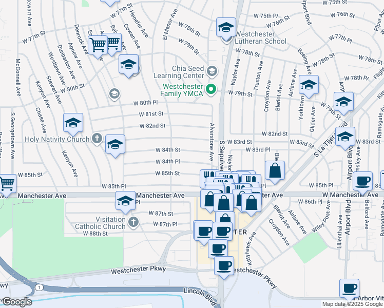 map of restaurants, bars, coffee shops, grocery stores, and more near 6366 West 84th Street in Los Angeles