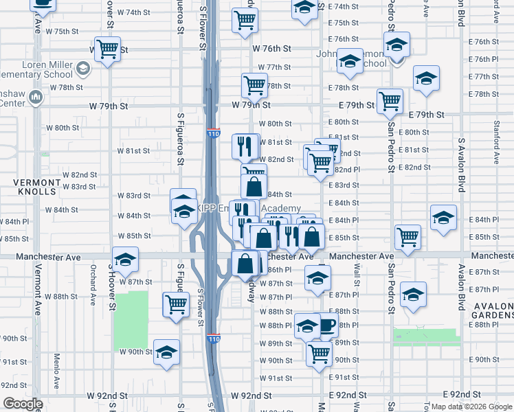 map of restaurants, bars, coffee shops, grocery stores, and more near 8420 South Broadway in Los Angeles